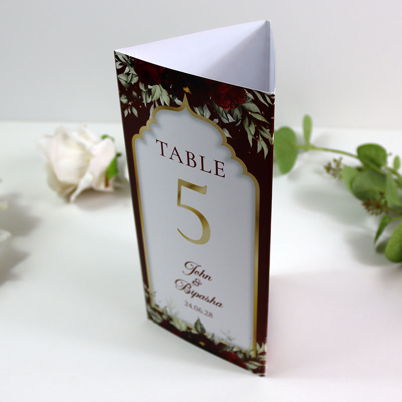Maroon Floral 004 - Personalised Tri-Fold Triangle Menu Cards with Table Number