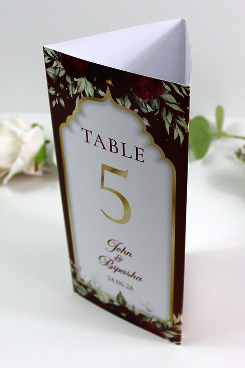 Load image into Gallery viewer, Maroon Floral 004 - Personalised Tri-Fold Triangle Menu Cards with Table Number
