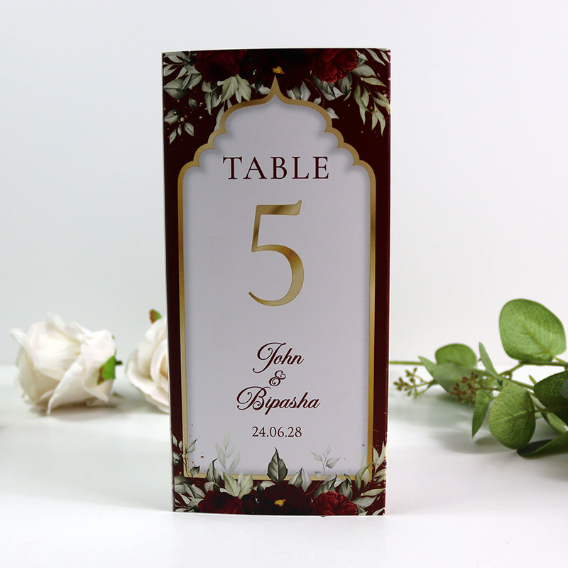 Maroon Floral 004 - Personalised Tri-Fold Triangle Menu Cards with Table Number