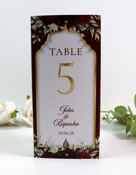Maroon Floral 004 - Personalised Tri-Fold Triangle Menu Cards with Table Number