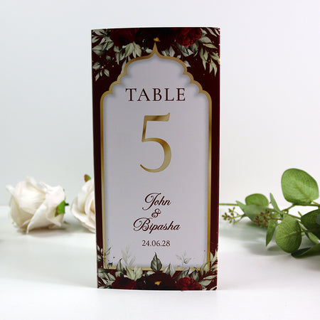 Maroon Floral 004 - Personalised Tri-Fold Triangle Menu Cards with Table Number