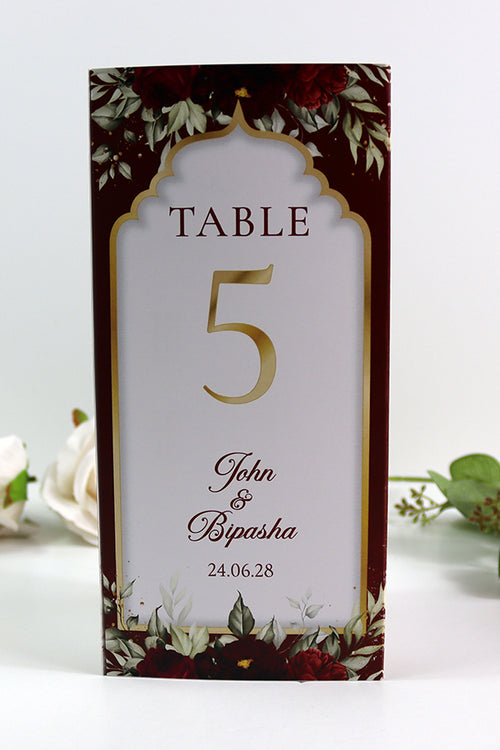 Load image into Gallery viewer, Maroon Floral 004 - Personalised Tri-Fold Triangle Menu Cards with Table Number
