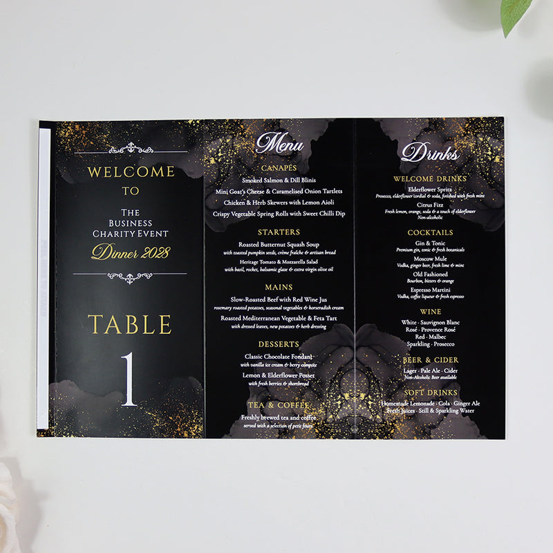 Black & Gold 101 - Personalised Tri-Fold Triangle Menu Cards with Table Number