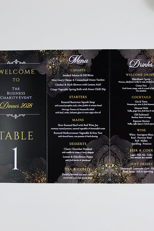 Load image into Gallery viewer, Black &amp; Gold 101 - Personalised Tri-Fold Triangle Menu Cards with Table Number
