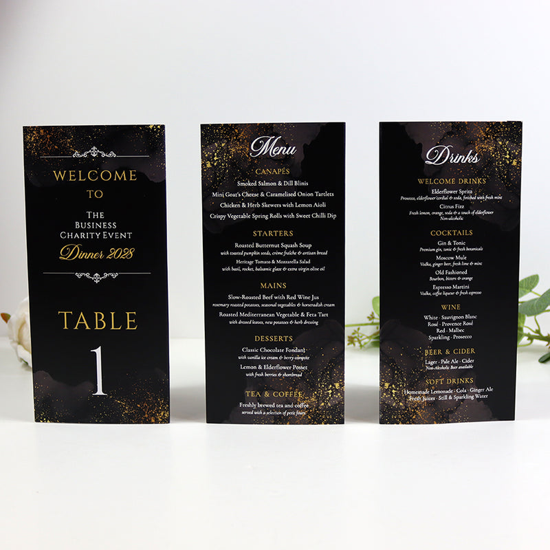 Black & Gold 101 - Personalised Tri-Fold Triangle Menu Cards with Table Number