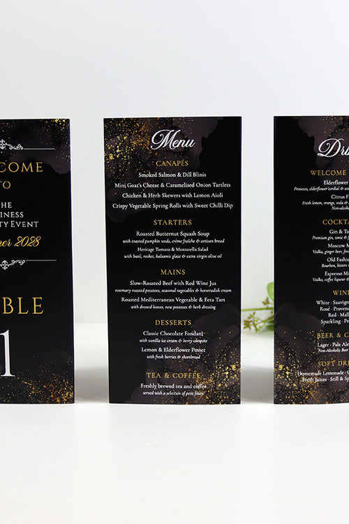 Load image into Gallery viewer, Black &amp; Gold 101 - Personalised Tri-Fold Triangle Menu Cards with Table Number
