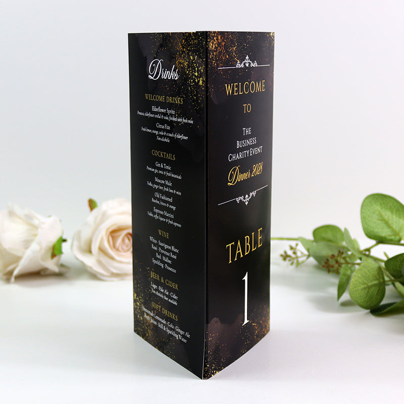 Black & Gold 101 - Personalised Tri-Fold Triangle Menu Cards with Table Number