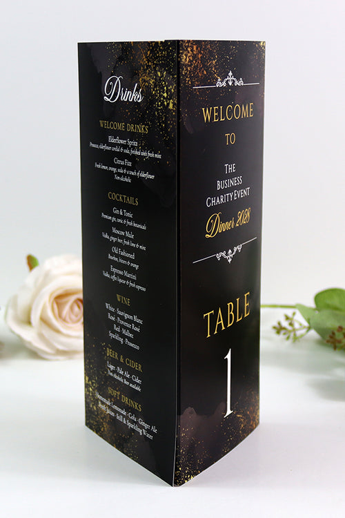 Load image into Gallery viewer, Black &amp; Gold 101 - Personalised Tri-Fold Triangle Menu Cards with Table Number
