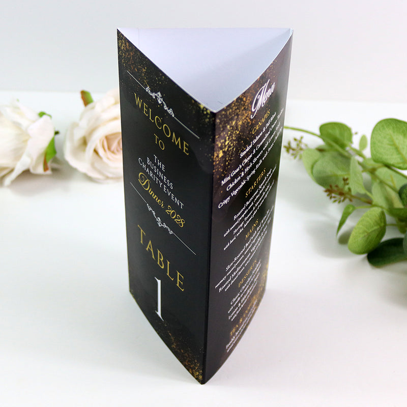 Black & Gold 101 - Personalised Tri-Fold Triangle Menu Cards with Table Number