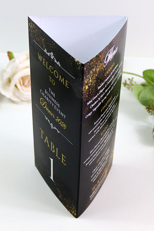 Load image into Gallery viewer, Black &amp; Gold 101 - Personalised Tri-Fold Triangle Menu Cards with Table Number
