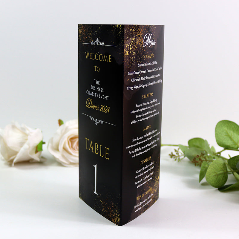 Black & Gold 101 - Personalised Tri-Fold Triangle Menu Cards with Table Number