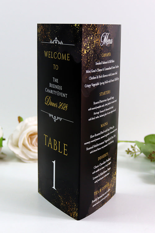 Load image into Gallery viewer, Black &amp; Gold 101 - Personalised Tri-Fold Triangle Menu Cards with Table Number
