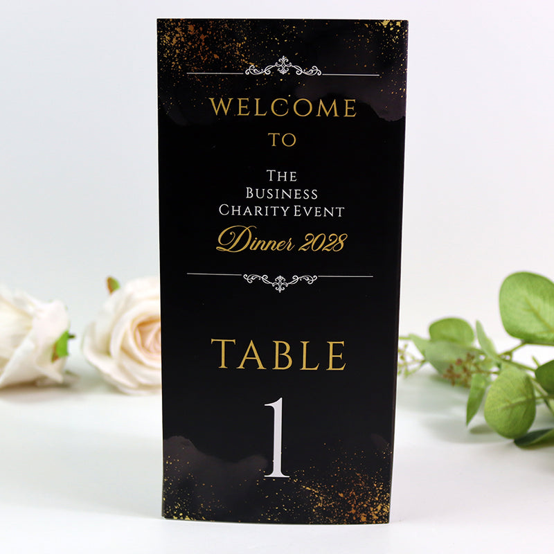 Black & Gold 101 - Personalised Tri-Fold Triangle Menu Cards with Table Number