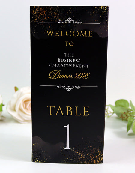 Black & Gold 101 - Personalised Tri-Fold Triangle Menu Cards with Table Number