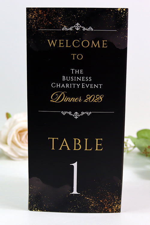 Load image into Gallery viewer, Black &amp; Gold 101 - Personalised Tri-Fold Triangle Menu Cards with Table Number
