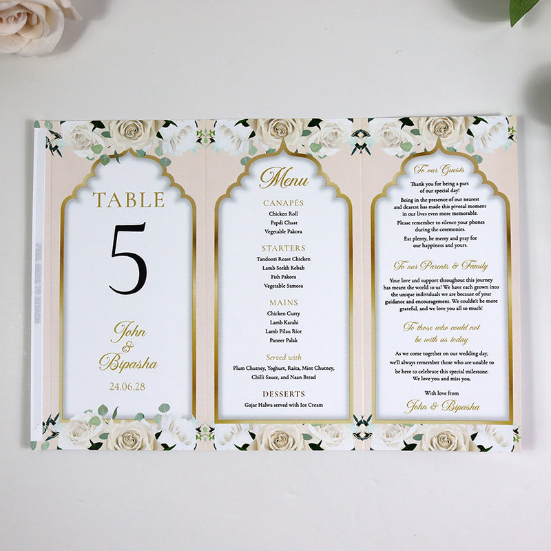 Peach Floral 005 - Personalised Tri-Fold Triangle Menu Cards with Table Number