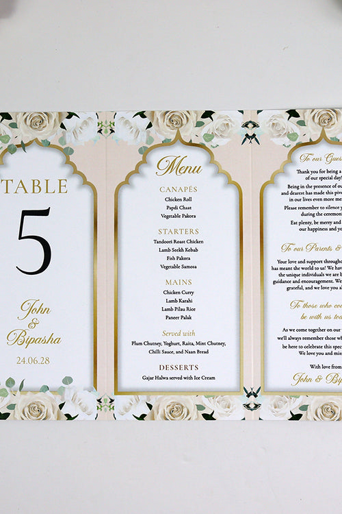 Load image into Gallery viewer, Peach Floral 005 - Personalised Tri-Fold Triangle Menu Cards with Table Number
