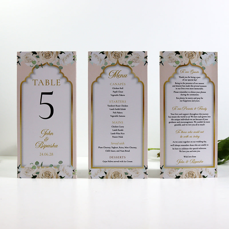 Peach Floral 005 - Personalised Tri-Fold Triangle Menu Cards with Table Number
