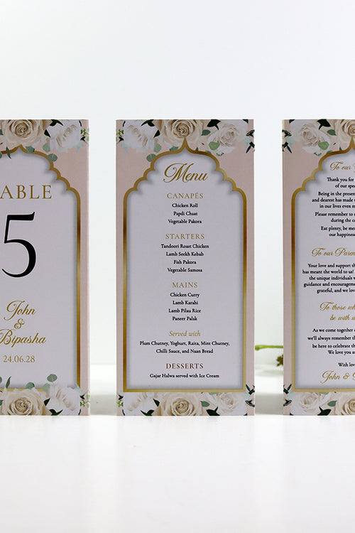 Load image into Gallery viewer, Peach Floral 005 - Personalised Tri-Fold Triangle Menu Cards with Table Number
