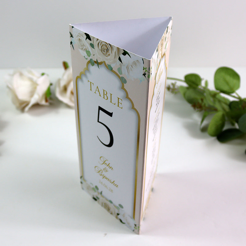 Peach Floral 005 - Personalised Tri-Fold Triangle Menu Cards with Table Number