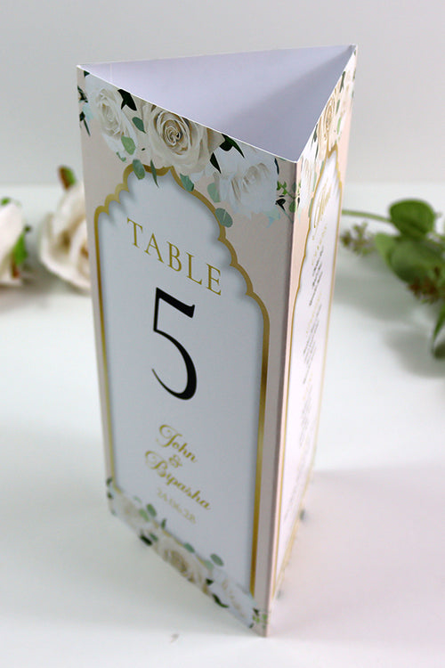 Load image into Gallery viewer, Peach Floral 005 - Personalised Tri-Fold Triangle Menu Cards with Table Number
