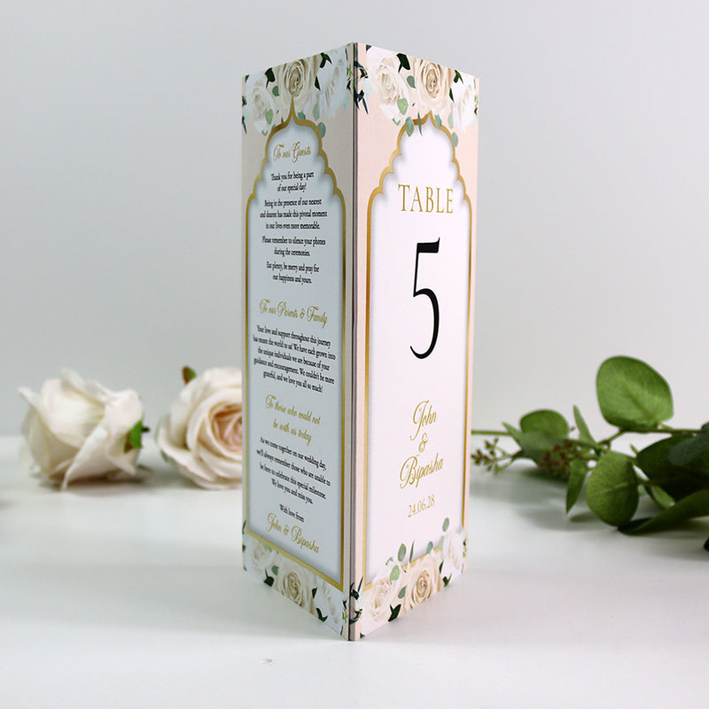 Peach Floral 005 - Personalised Tri-Fold Triangle Menu Cards with Table Number