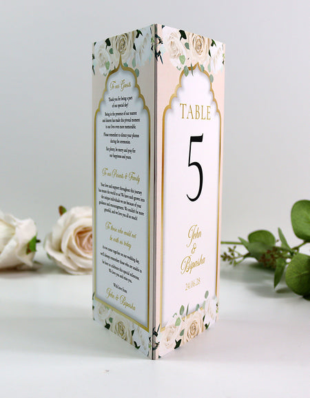 Peach Floral 005 - Personalised Tri-Fold Triangle Menu Cards with Table Number