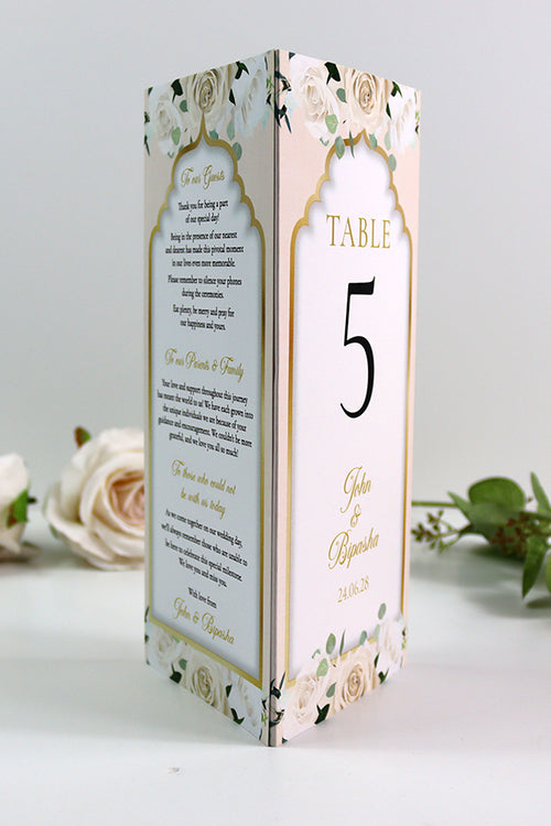 Load image into Gallery viewer, Peach Floral 005 - Personalised Tri-Fold Triangle Menu Cards with Table Number
