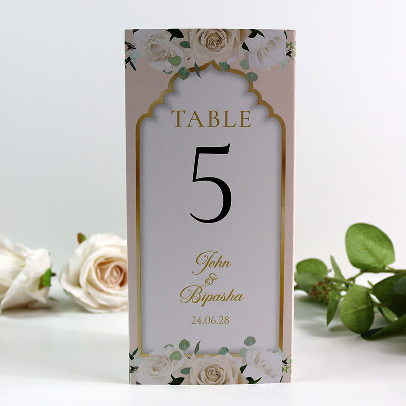 Peach Floral 005 - Personalised Tri-Fold Triangle Menu Cards with Table Number