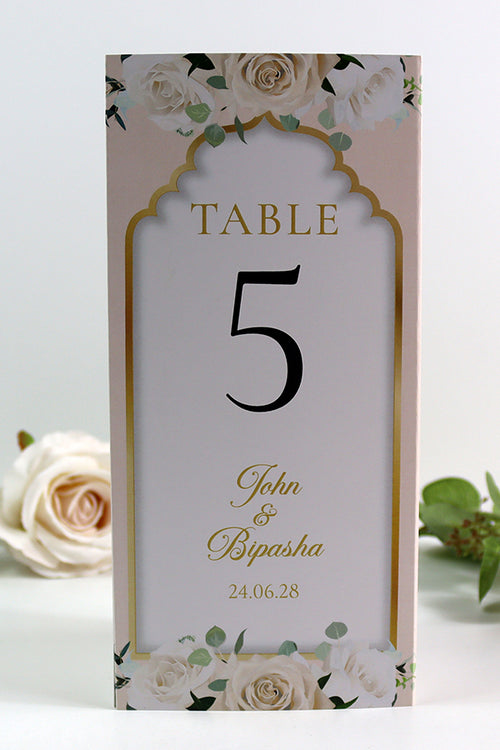 Load image into Gallery viewer, Peach Floral 005 - Personalised Tri-Fold Triangle Menu Cards with Table Number
