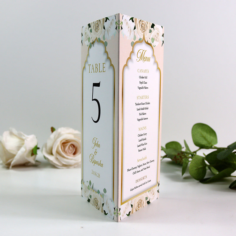 Peach Floral 005 - Personalised Tri-Fold Triangle Menu Cards with Table Number