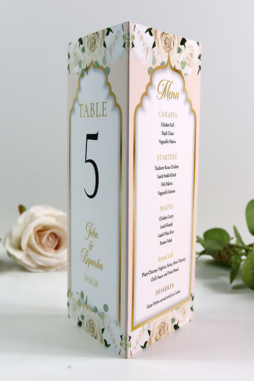 Load image into Gallery viewer, Peach Floral 005 - Personalised Tri-Fold Triangle Menu Cards with Table Number
