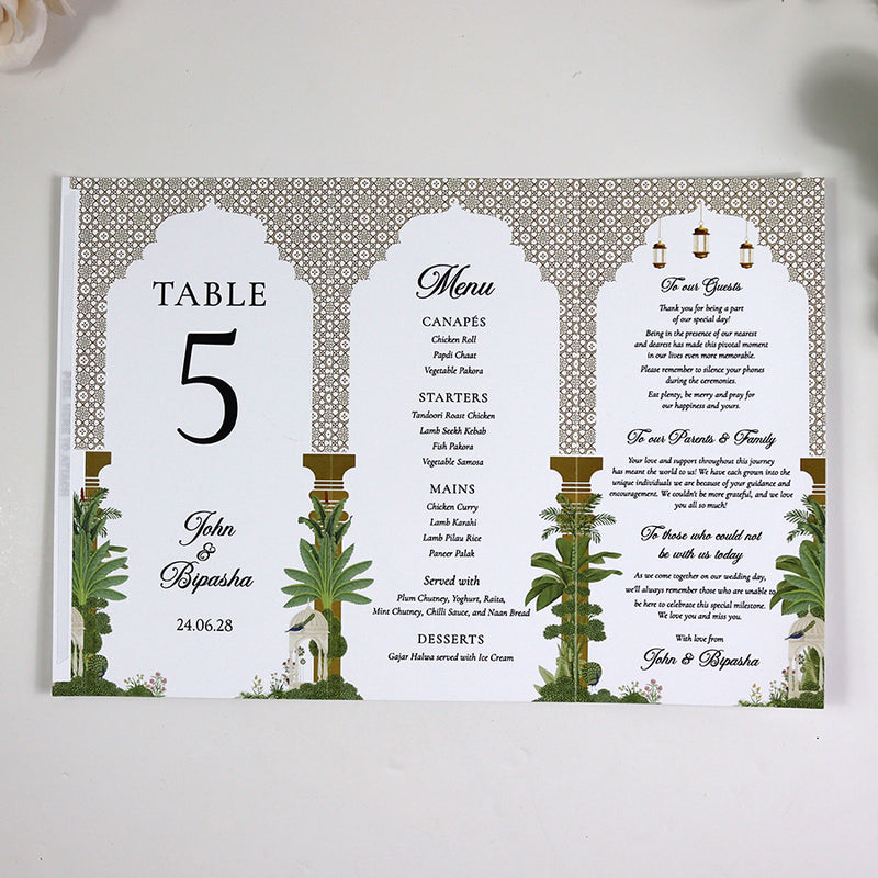 Mughal Arch 007 - Personalised Tri-Fold Triangle Menu Cards with Table Number