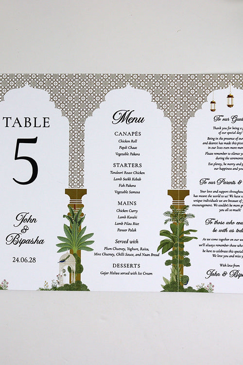 Load image into Gallery viewer, Mughal Arch 007 - Personalised Tri-Fold Triangle Menu Cards with Table Number
