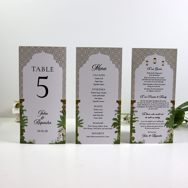 Mughal Arch 007 - Personalised Tri-Fold Triangle Menu Cards with Table Number