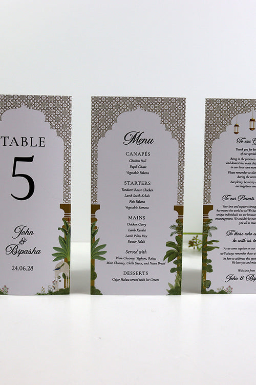 Load image into Gallery viewer, Mughal Arch 007 - Personalised Tri-Fold Triangle Menu Cards with Table Number
