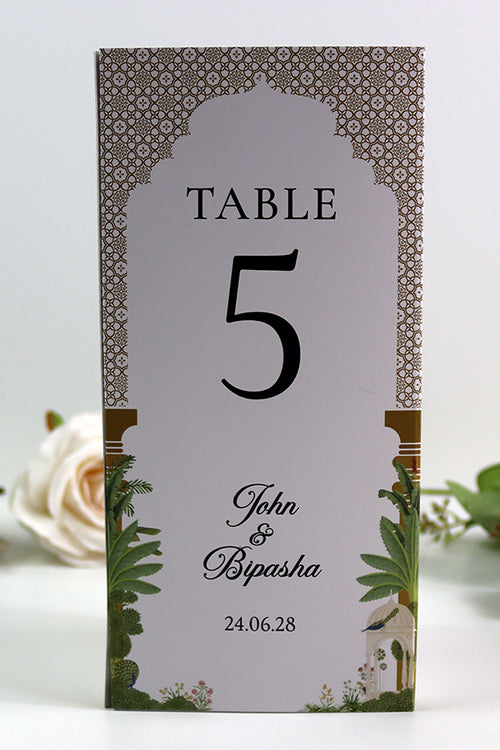 Load image into Gallery viewer, Mughal Arch 007 - Personalised Tri-Fold Triangle Menu Cards with Table Number
