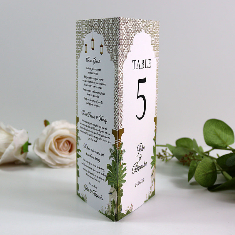 Mughal Arch 007 - Personalised Tri-Fold Triangle Menu Cards with Table Number