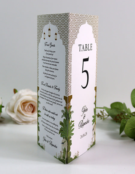 Mughal Arch 007 - Personalised Tri-Fold Triangle Menu Cards with Table Number