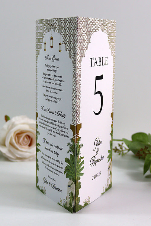 Load image into Gallery viewer, Mughal Arch 007 - Personalised Tri-Fold Triangle Menu Cards with Table Number
