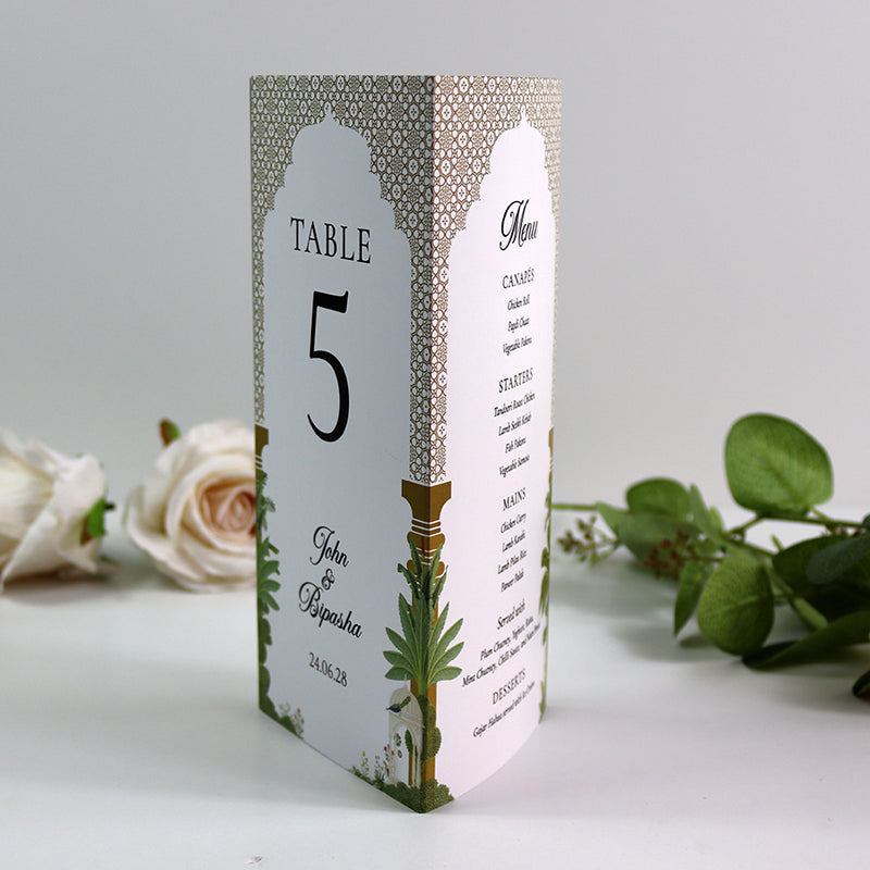 Mughal Arch 007 - Personalised Tri-Fold Triangle Menu Cards with Table Number