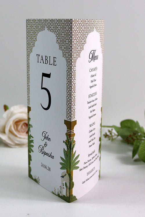 Load image into Gallery viewer, Mughal Arch 007 - Personalised Tri-Fold Triangle Menu Cards with Table Number

