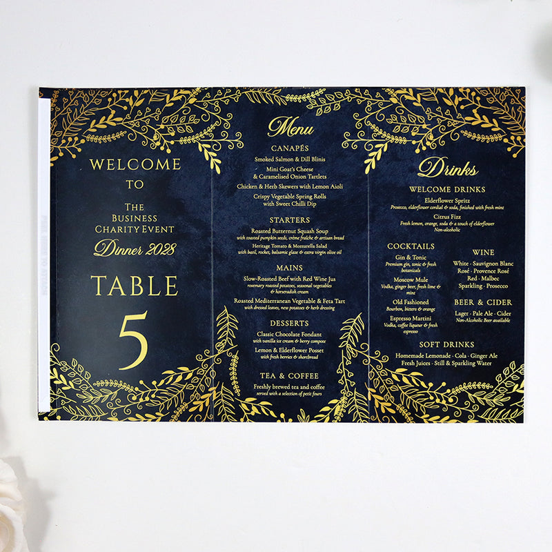 Navy & Gold 105 - Personalised Tri-Fold Triangle Menu Cards with Table Number