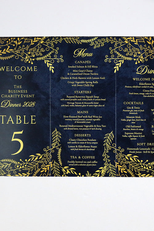 Load image into Gallery viewer, Navy &amp; Gold 105 - Personalised Tri-Fold Triangle Menu Cards with Table Number
