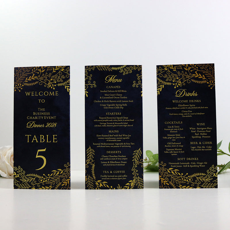 Navy & Gold 105 - Personalised Tri-Fold Triangle Menu Cards with Table Number