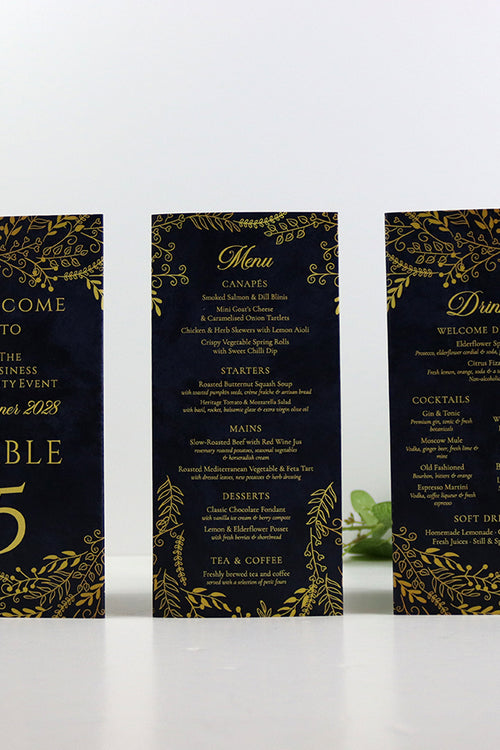 Load image into Gallery viewer, Navy &amp; Gold 105 - Personalised Tri-Fold Triangle Menu Cards with Table Number
