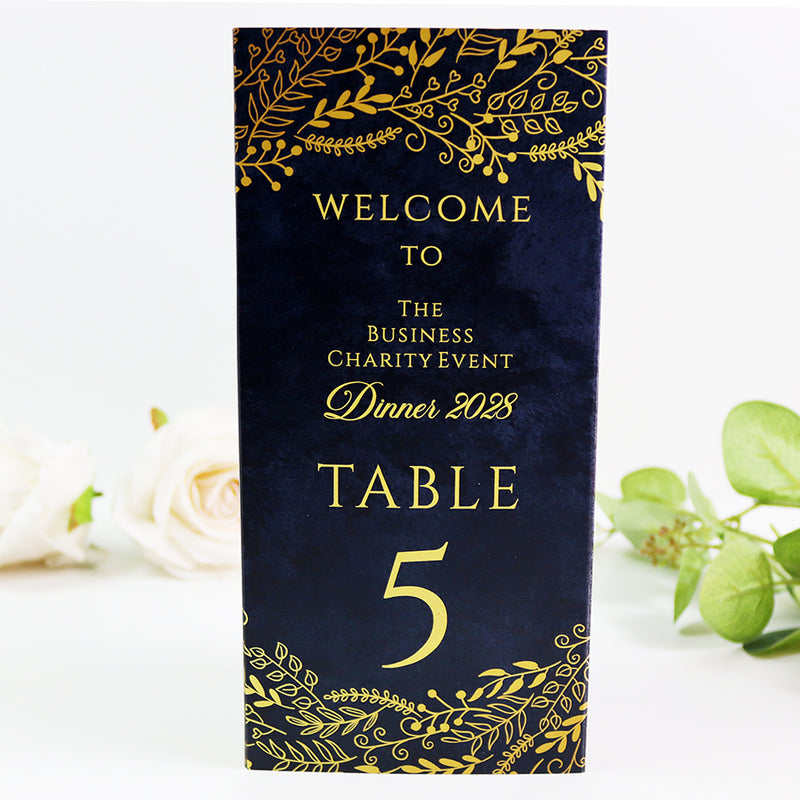 Navy & Gold 105 - Personalised Tri-Fold Triangle Menu Cards with Table Number
