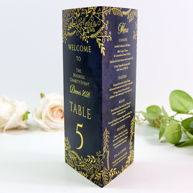Navy & Gold 105 - Personalised Tri-Fold Triangle Menu Cards with Table Number