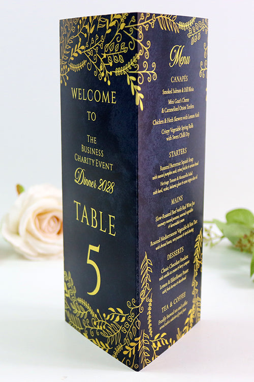 Load image into Gallery viewer, Navy &amp; Gold 105 - Personalised Tri-Fold Triangle Menu Cards with Table Number
