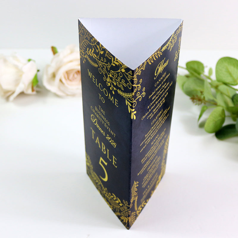 Navy & Gold 105 - Personalised Tri-Fold Triangle Menu Cards with Table Number